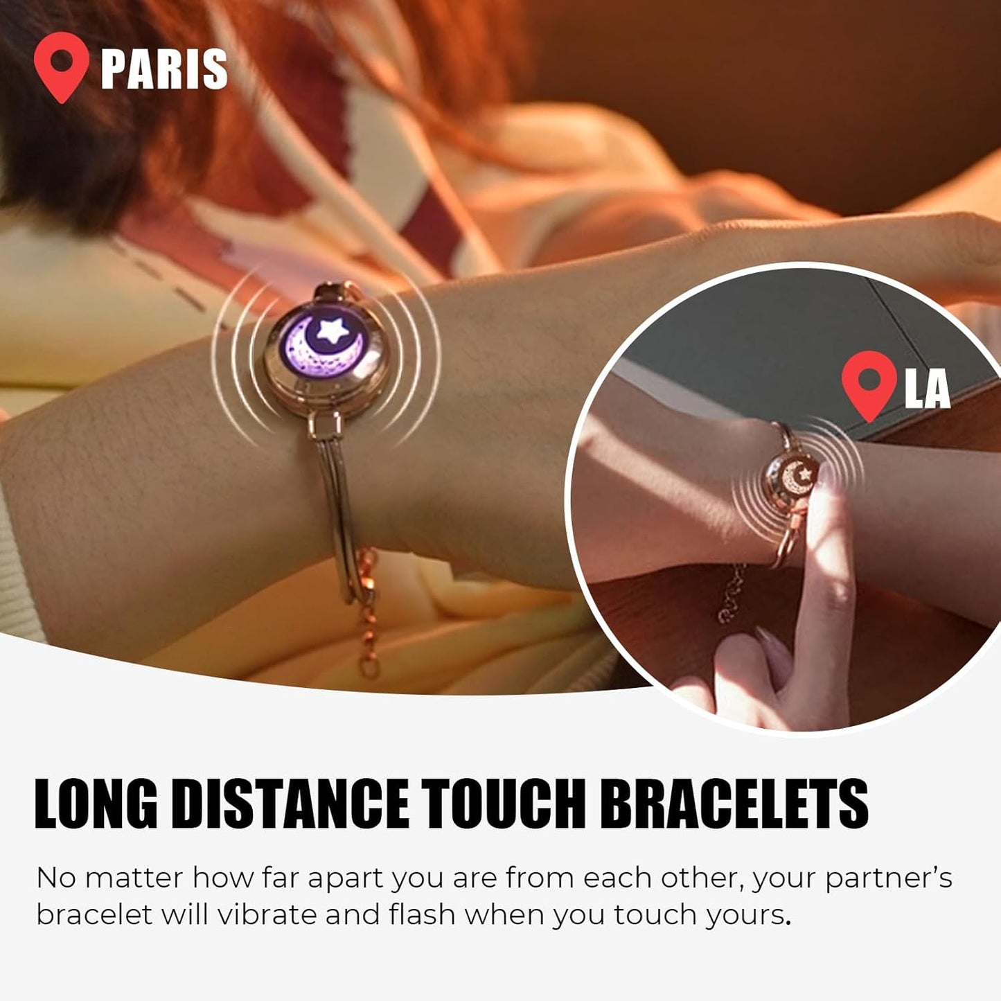 Long Distance Touch Bracelets for Couples, Vibration & Light up for Love Couples Bracelets | Long Distance Relationship Gifts for Girlfriend Bluetooth Pairing Jewelry